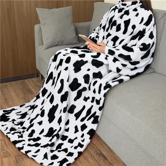Cow Print Wearable Blanket with Sleeves and Pocket, Cozy Soft Fleece Mink Plush - Picture 4 of 7